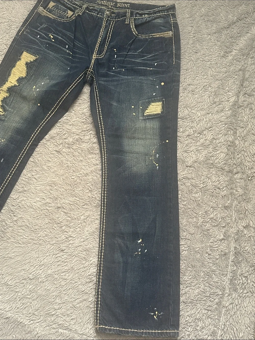 Antique Rivet Men's Dark Blue Distressed Slim Straight Jeans